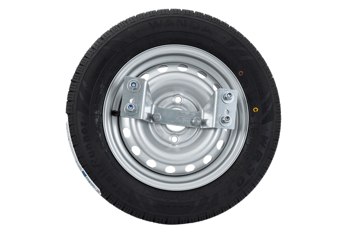 Ersatzrad-Set: WANDA-Reifen 155/70 R13 79N und Trailer Top Felge 4Jx13H2 4x100 ET:30 mit Halterung zur Montage an der Bordwand des Anhängers