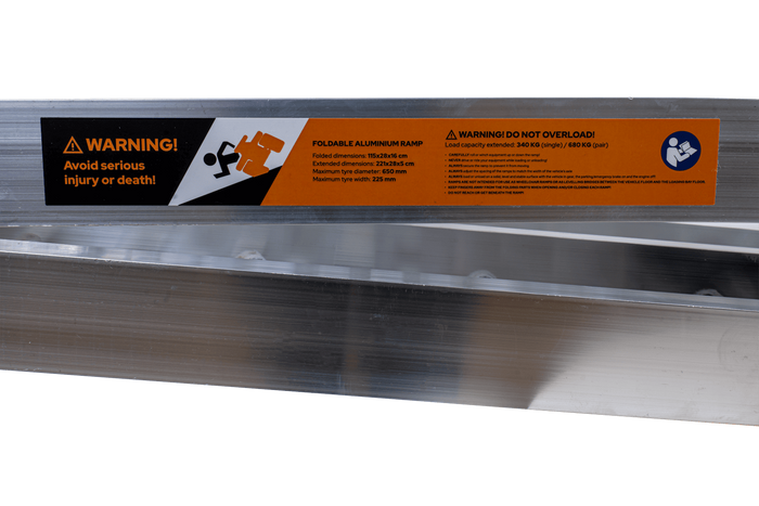 UNITRAILER ALR003 faltbare Rampen aus Aluminium für Anhänger, 221 cm, 680 kg Tragkraft, mit Gurt und Stütze, 2er-Set
